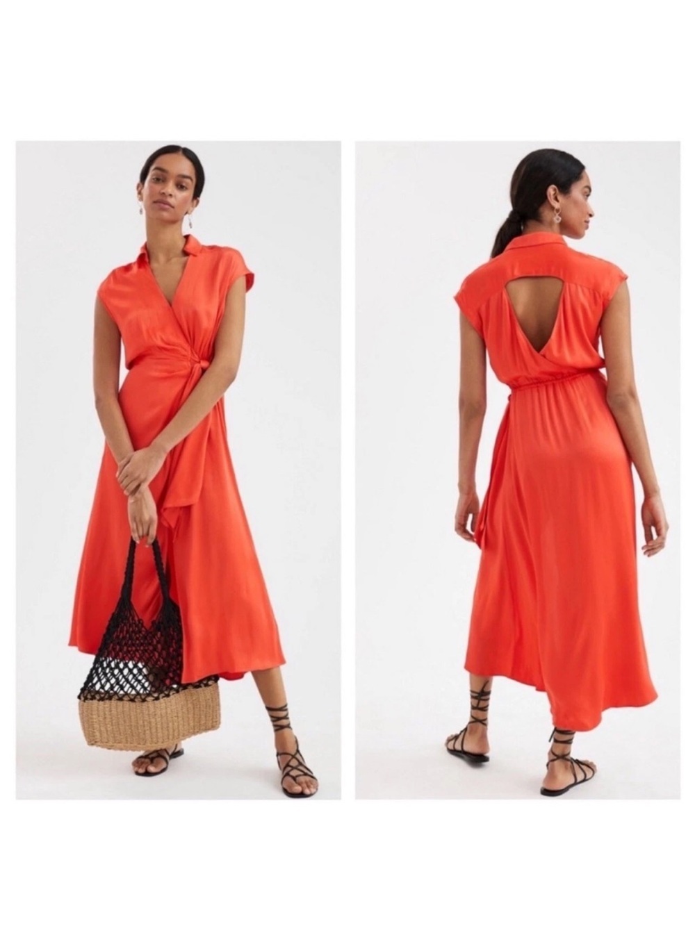 Anthropologie Maeve Open Back Satin Wrap Midi Dress Orange Size Large